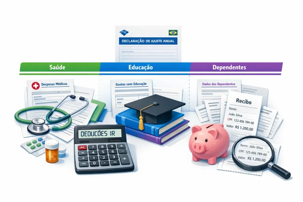 Documentos organizados mostrando deduções permitidas no imposto de renda 2026: saúde, educação e dependentes