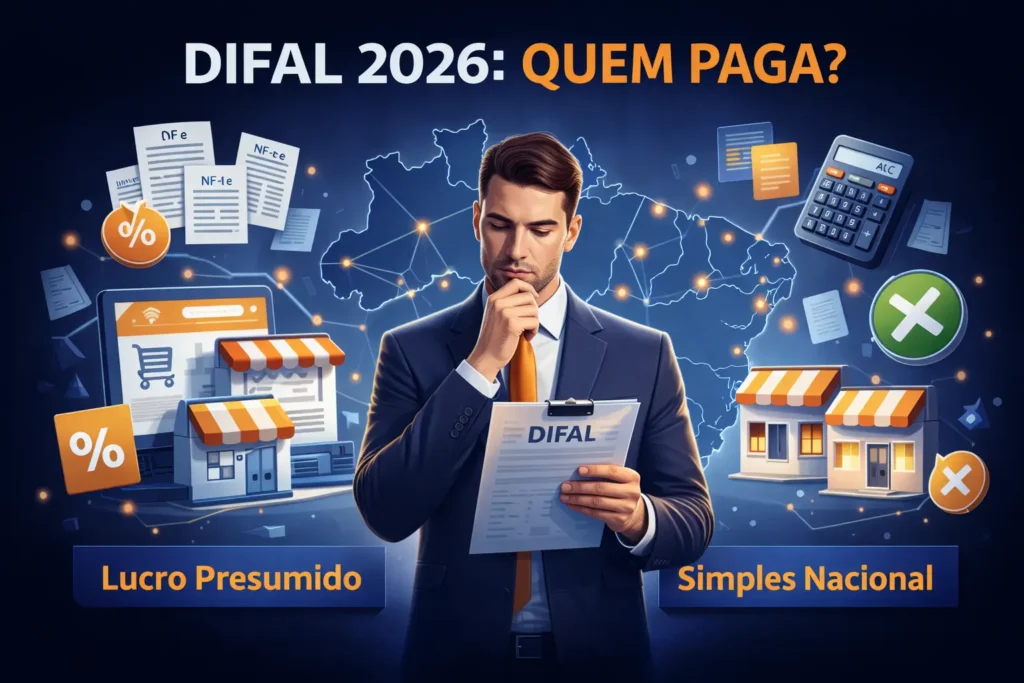 Fluxograma mostrando quem paga DIFAL em 2026 por regime tributário: Lucro Presumido, Lucro Real, Simples Nacional e MEI