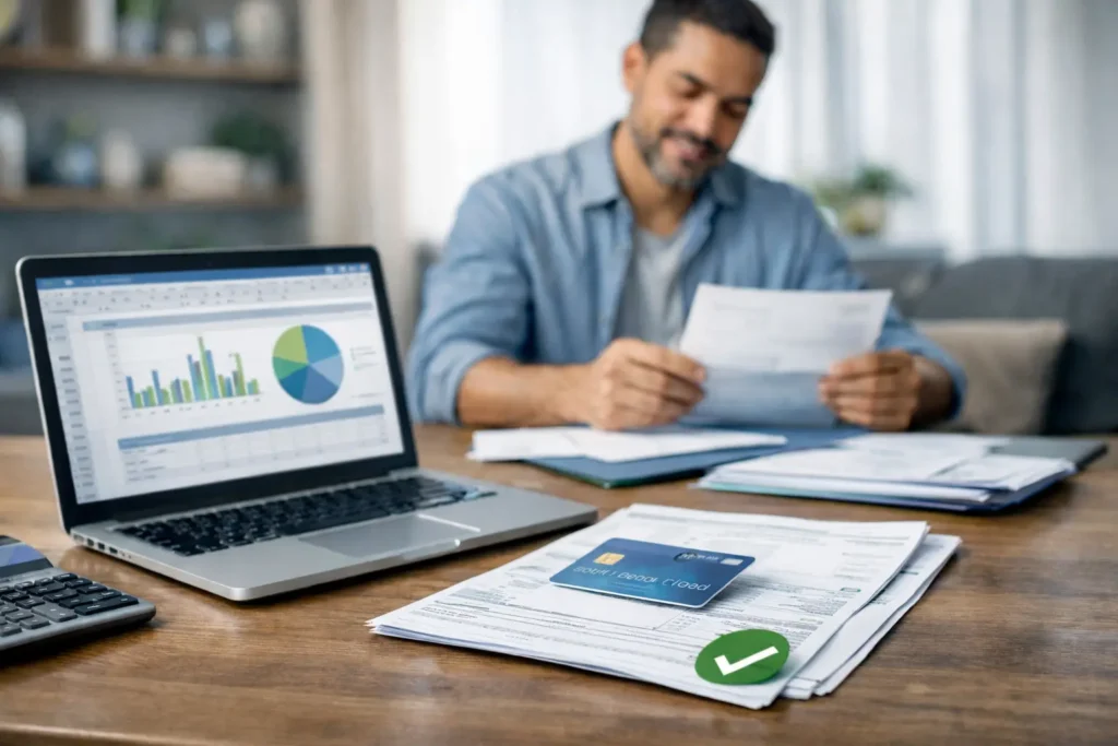 Imagem representando dívidas no cartão de crédito com fatura organizada e planilha financeira para controle de gastos