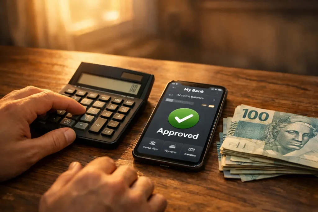 Calculadora e celular com notificação de empréstimo aprovado, representando opções seguras de crédito para negativados em 2026.
