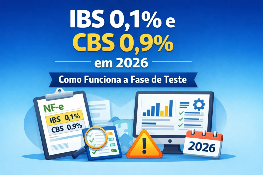 Imagem sobre IBS 0,1% e CBS 0,9% em 2026, com NF-e, fase de teste da Reforma Tributária e adaptação de empresas