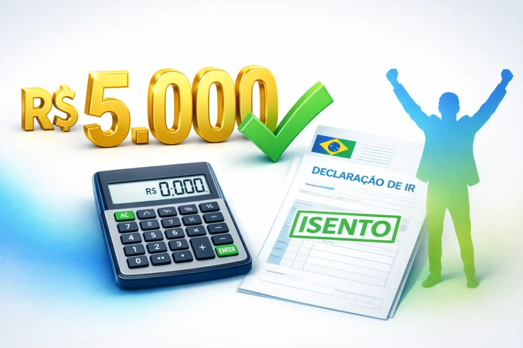 Ilustração mostrando isenção de IR até R$ 5.000 com reforma tributária 2026 e trabalhador brasileiro isento de imposto
