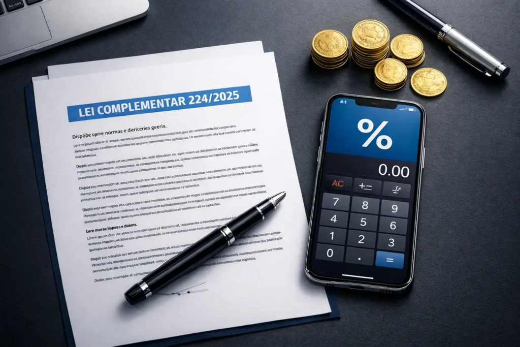 Documento técnico da Lei Complementar 224/2025 sobre uma mesa de escritório, simbolizando as novas regras do adicional de 10% para o Lucro Presumido em 2026.