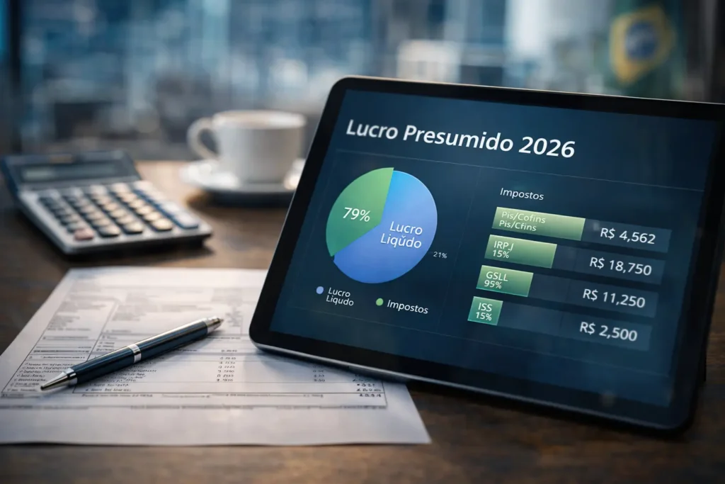 Tablet exibindo gráfico de impostos e a calculadora de Lucro Presumido 2026, com escritório empresarial ao fundo.