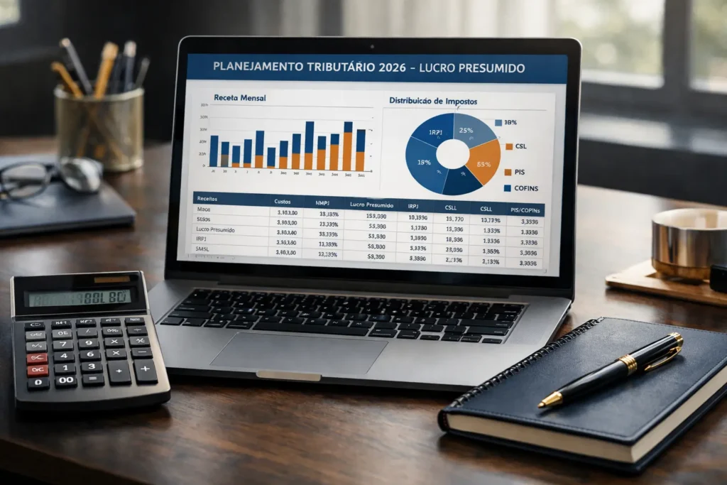 Notebook exibindo painel de planejamento tributário para Lucro Presumido 2026 ao lado de uma calculadora financeira em uma mesa de escritório moderna.