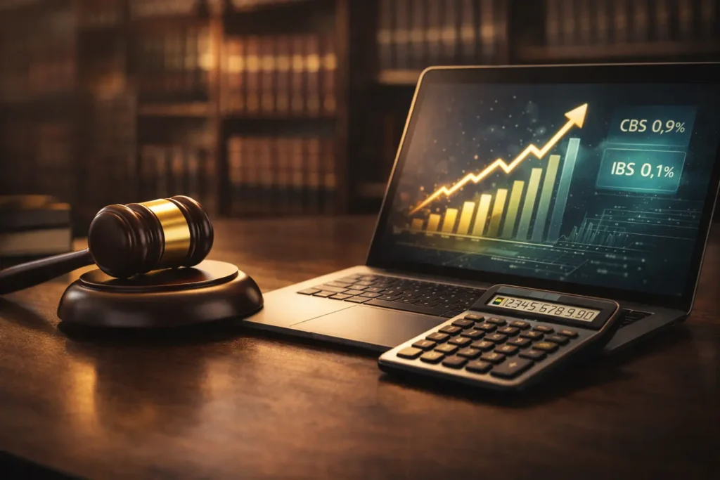 Martelo de juiz e calculadora sobre mesa, representando cálculo de tributação Lucro Presumido para Sociedade de Advogados.