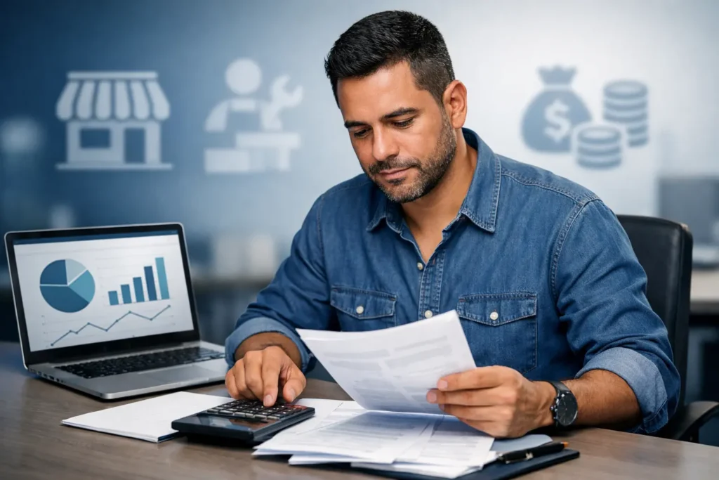 Microempreendedor analisando impostos em escritório, representando se o MEI vai pagar IBS e CBS com a Reforma Tributária