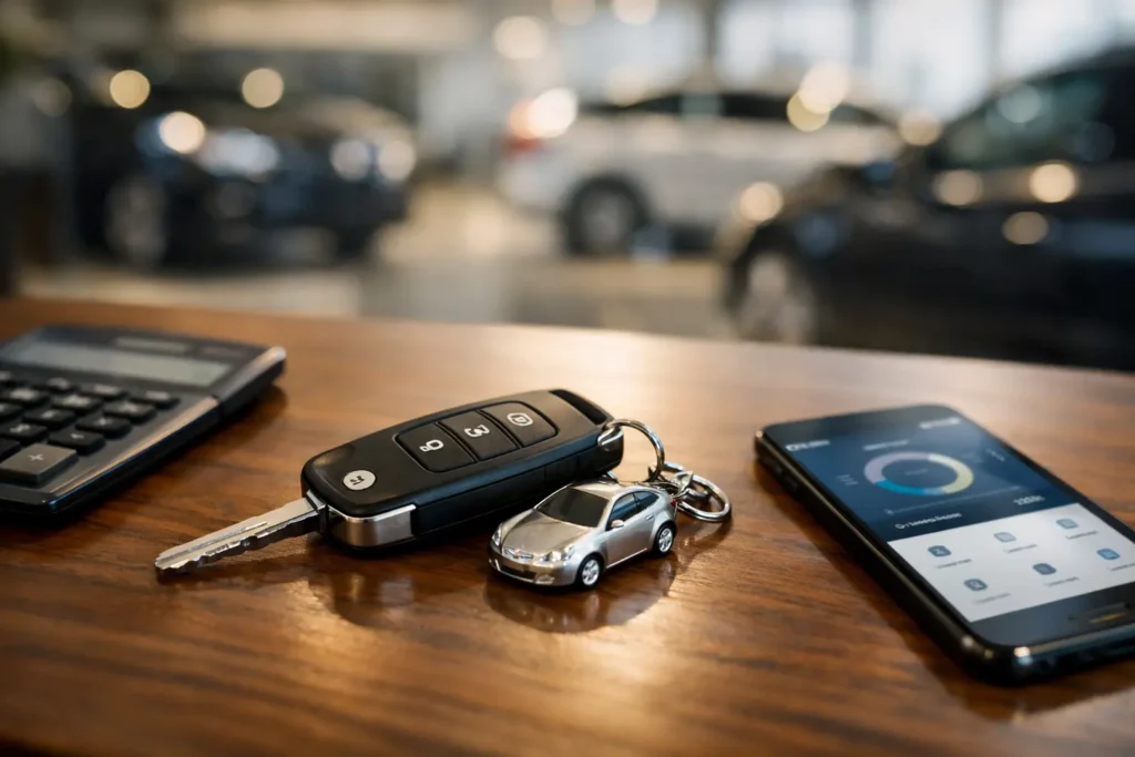 Chave de carro ao lado de uma calculadora e celular, representando a comparação das melhores taxas de financiamento de veículos em 2026 entre bancos como Santander, Itaú e Bradesco.