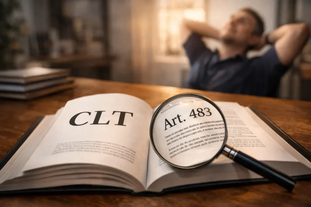 Livro da CLT aberto em cima de mesa de escritório com destaque para o Artigo 483, ilustrando os motivos da rescisão indireta.