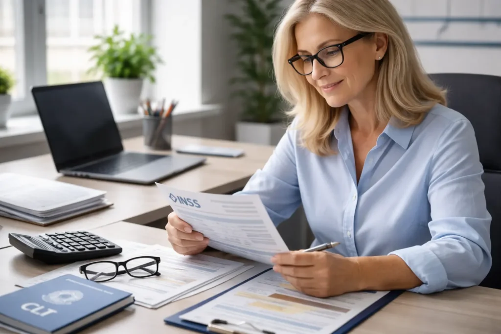 Pessoa fazendo planejamento previdenciário com documentos do INSS, calculadora e laptop, representando aposentadoria em 2026 no Brasil