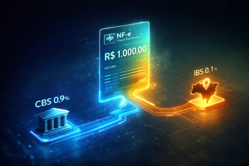 Ilustração 3D de uma Nota Fiscal Eletrônica de R$ 1.000 dividindo-se nos impostos CBS e IBS da Reforma Tributária 2026.