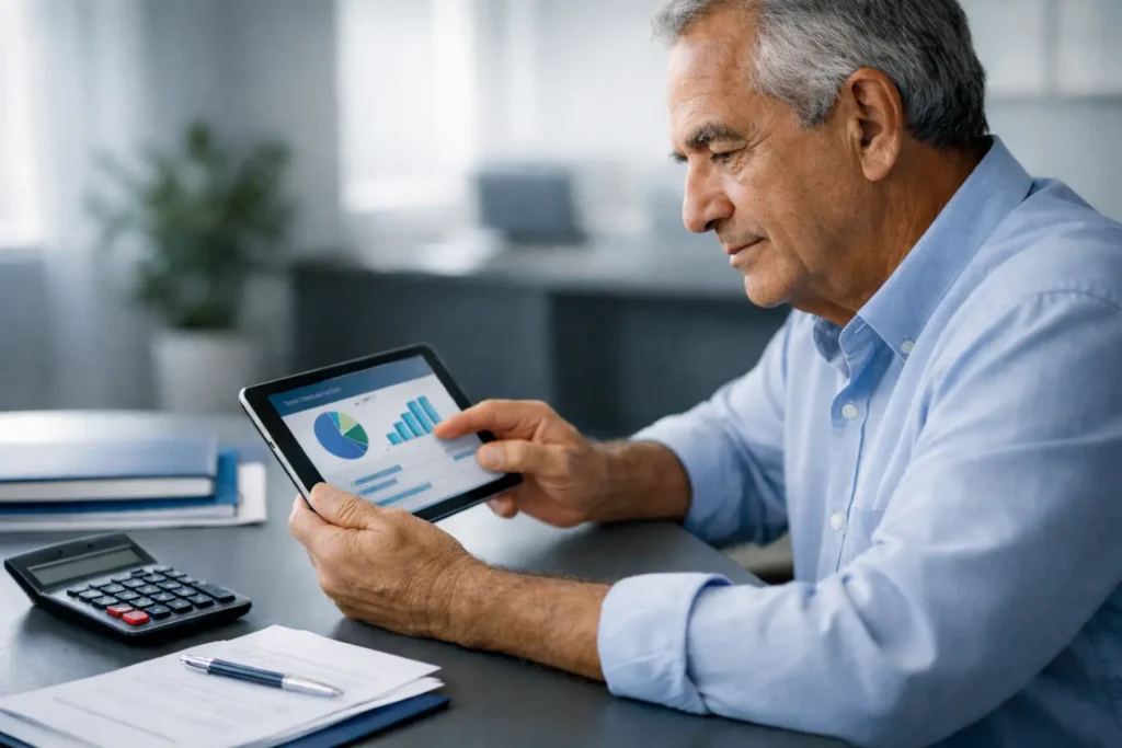 Aposentado brasileiro analisando valor de empréstimo consignado do INSS em tablet, com documentos e calculadora em mesa profissional.