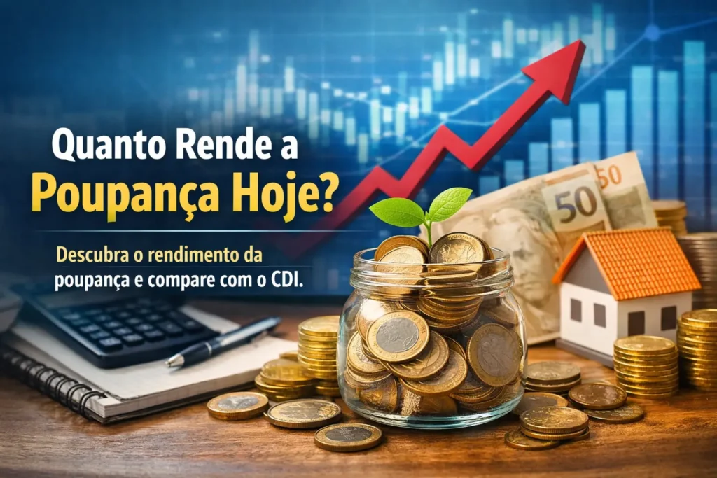 Imagem mostrando quanto rende a poupança hoje, com moedas, notas de real, gráfico de alta e comparação de rendimento com CDI.