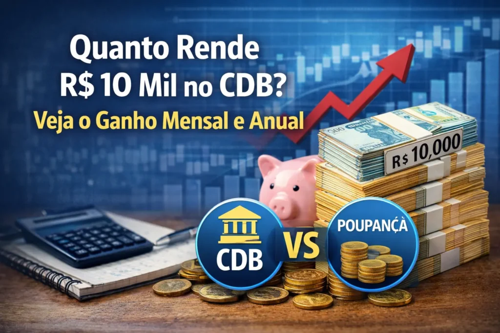 Imagem mostrando quanto rende R$ 10 mil no CDB, com pilhas de dinheiro, gráfico de alta e comparação com poupança.