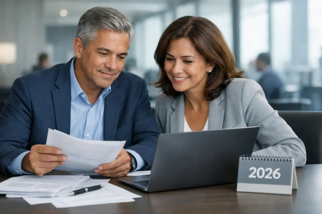 Casal analisando regras de aposentadoria em 2026 pelo INSS, avaliando quem tem direito ao benefício previdenciário