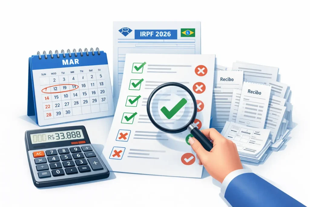 Checklist mostrando critérios de obrigatoriedade para declarar imposto de renda 2026 com prazo e documentos necessários