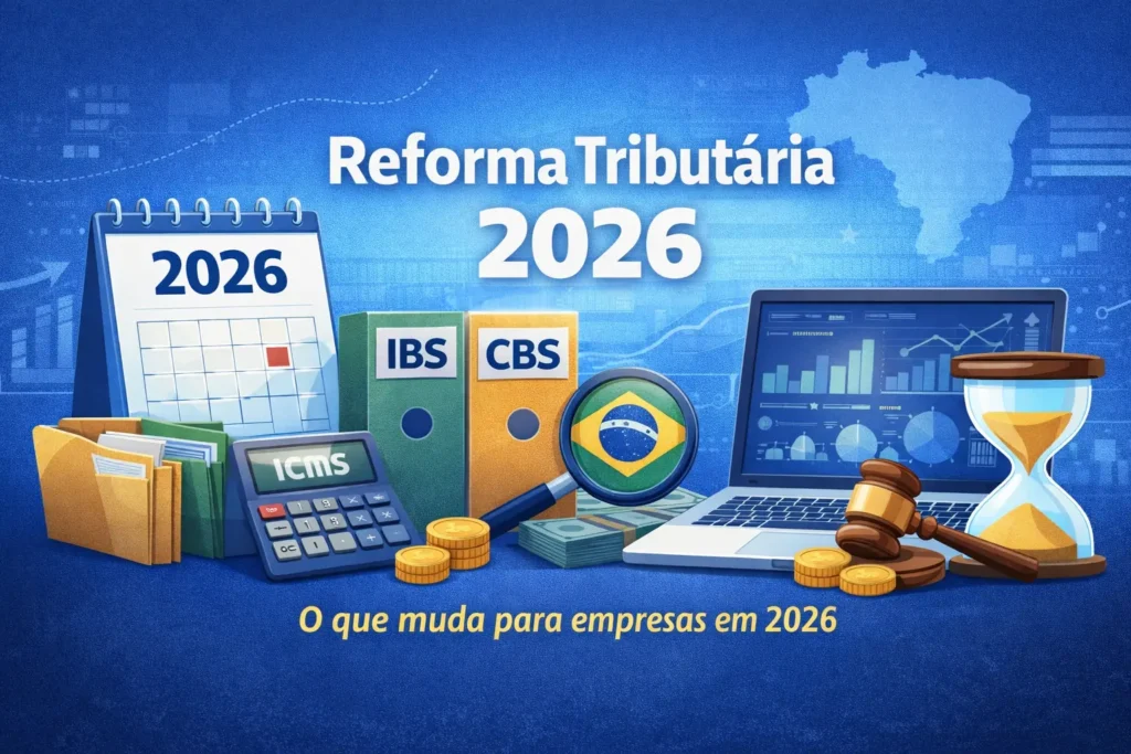 Ilustração sobre a Reforma Tributária 2026 no Brasil, com IBS, CBS, cronograma, notas fiscais e impactos para empresas