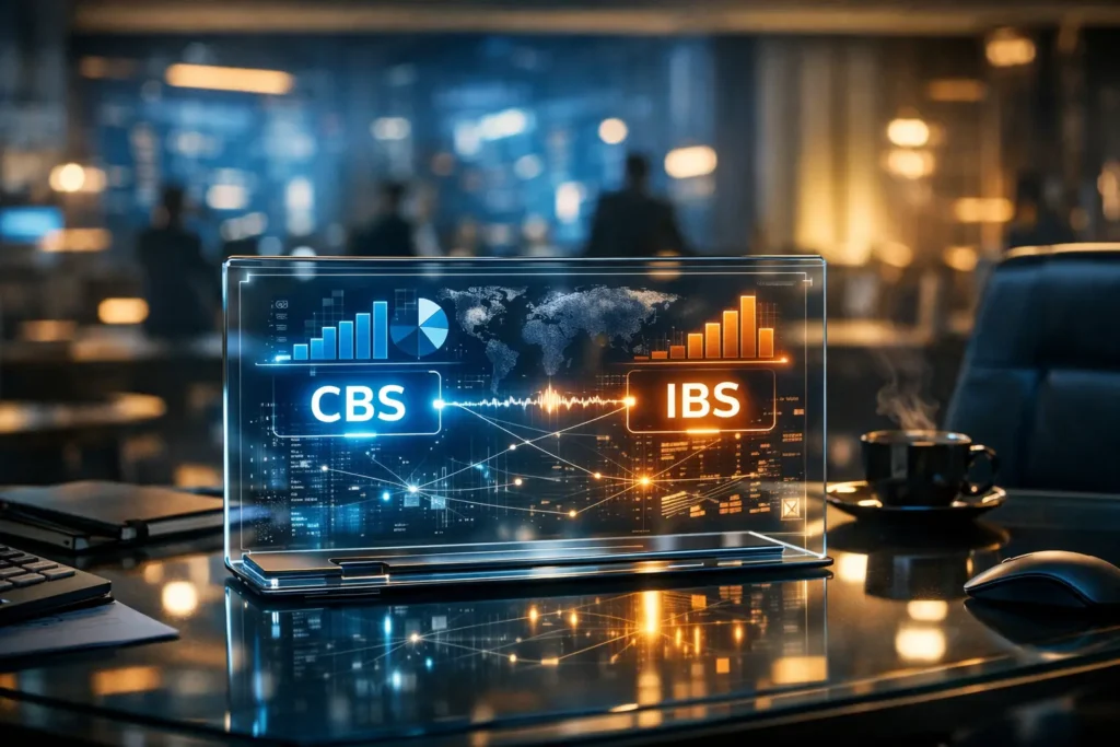 Reforma tributária do Brasil em 2026 com CBS e IBS em gráficos holográficos sobre mesa executiva futurista