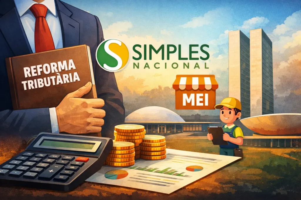 Ilustração da Reforma Tributária no Simples Nacional e MEI, com Congresso Nacional, calculadora, moedas e símbolos de pequenos negócios