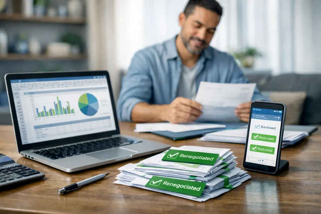 Imagem representando renegociação de dívidas com planilha financeira organizada e boletos marcados como renegociados