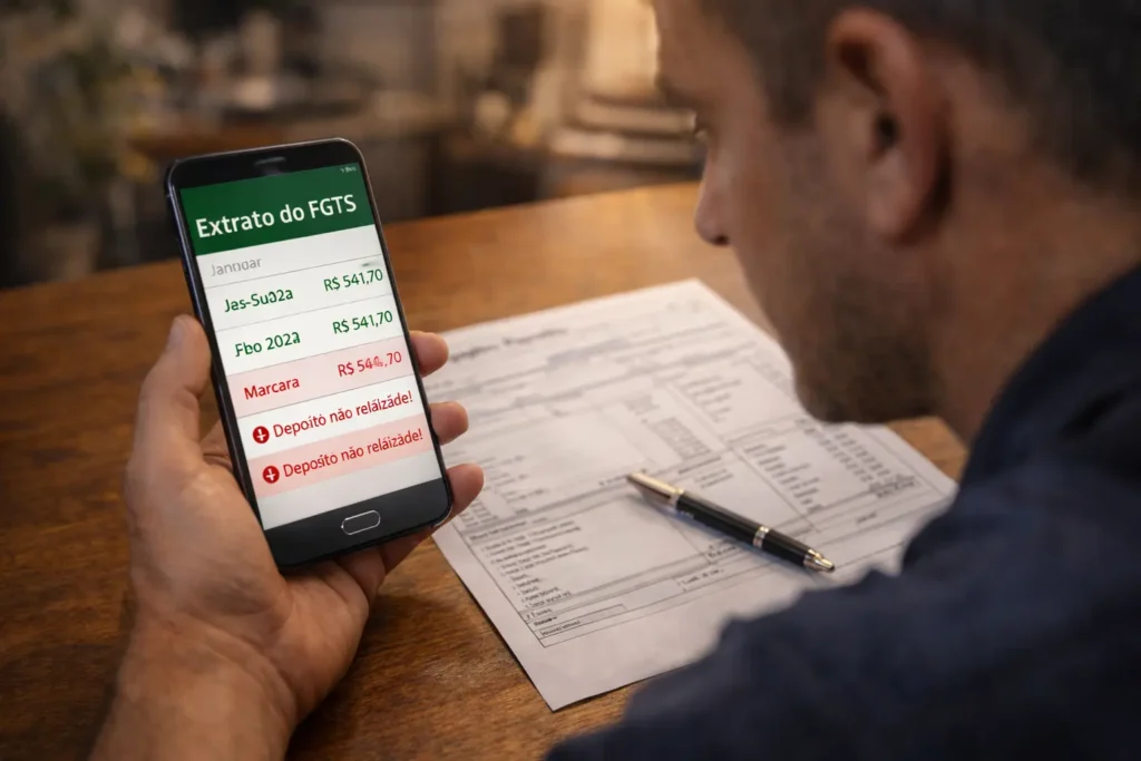 Trabalhador conferindo extrato do FGTS no celular com meses sem depósito, ao lado de holerite, ilustrando rescisão indireta por FGTS atrasado.