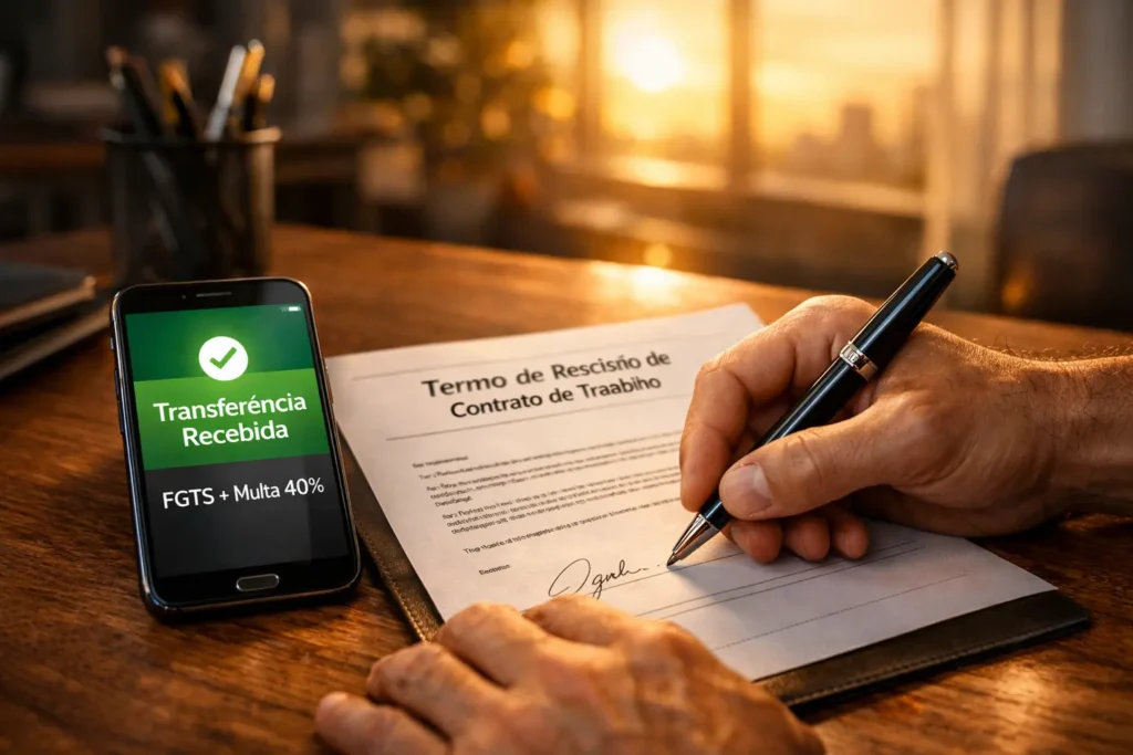 Trabalhador assinando documento de rescisão indireta com celular ao lado mostrando notificação de recebimento do FGTS e multa de 40%, simbolizando a vitória na justiça do trabalho.
