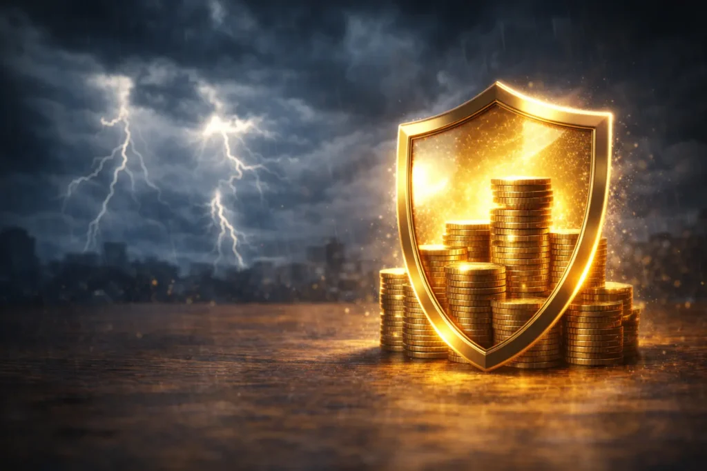 Escudo dourado protegendo pilha de moedas, simbolizando a segurança da reserva de emergência.