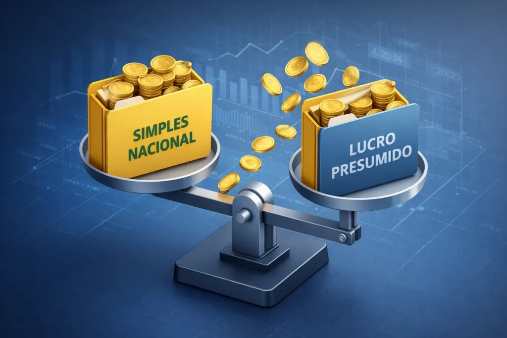 Uma balança digital comparando os logotipos do Simples Nacional e do Lucro Presumido com moedas de Real em 2026.