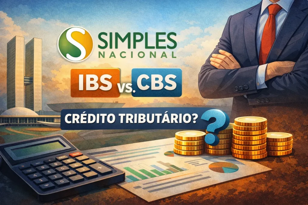 Ilustração sobre Simples Nacional x IBS e CBS, com Congresso Nacional, calculadora, moedas e dúvida sobre crédito tributário.