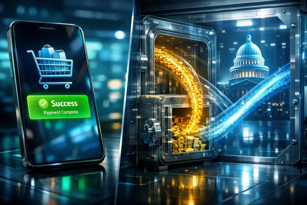 Fluxograma do Split Payment 2026 mostrando dinheiro da venda online sendo dividido automaticamente entre empresa e governo na reforma.