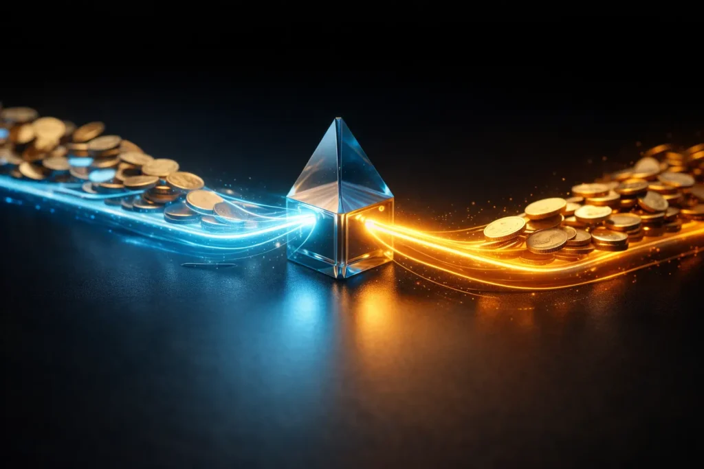 Split Payment bancário com fluxo digital de moedas sendo dividido por prisma tecnológico em receita líquida e imposto