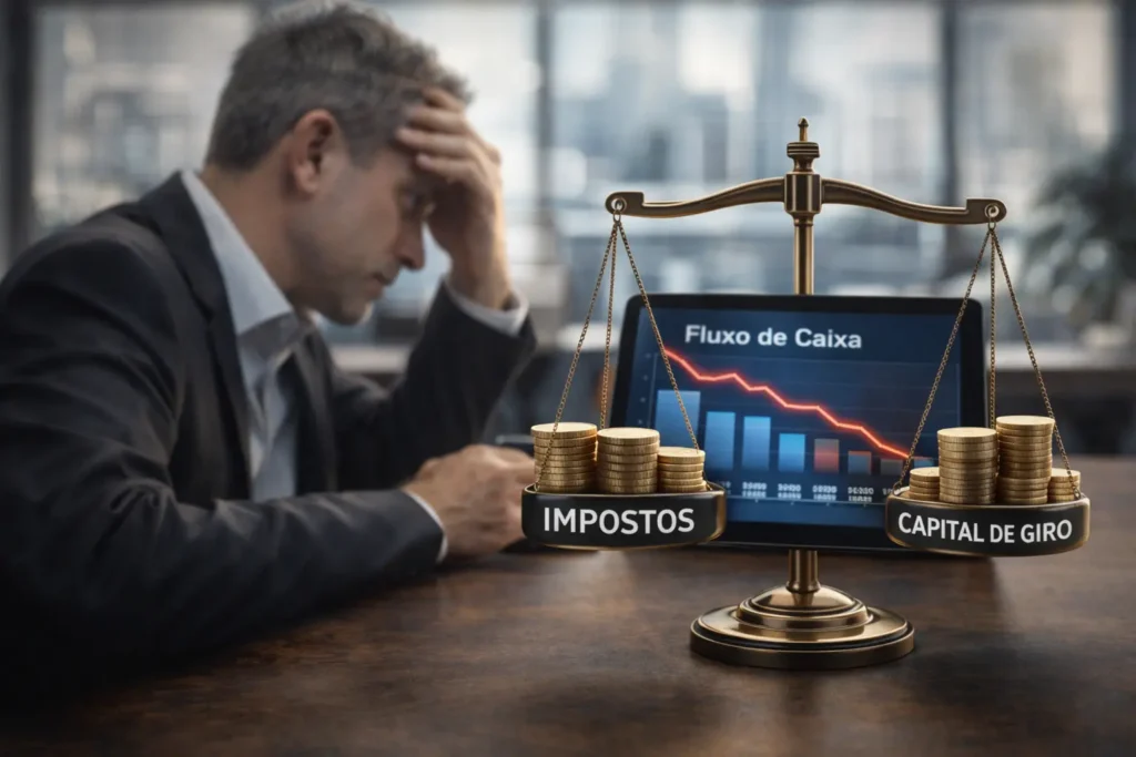 Empresário analisando gráfico de fluxo de caixa em queda, ilustrando o impacto do Split Payment no capital de giro das empresas.