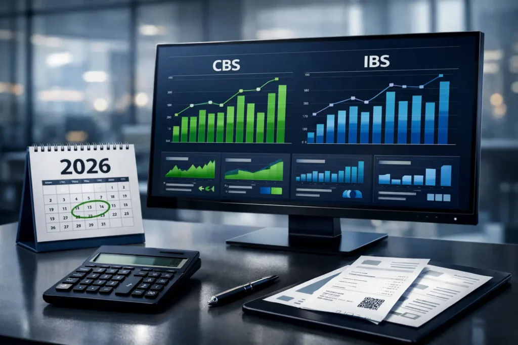 Ilustração corporativa da Tabela CBS e IBS 2026 com dashboard de gráficos, calendário 2026, calculadora financeira e notas fiscais digitais em escritório moderno.