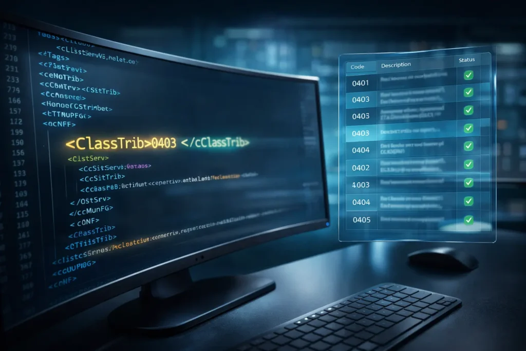 Desenvolvimento de software e contabilidade digital com código XML em monitor curvo destacando a tag cClassTrib