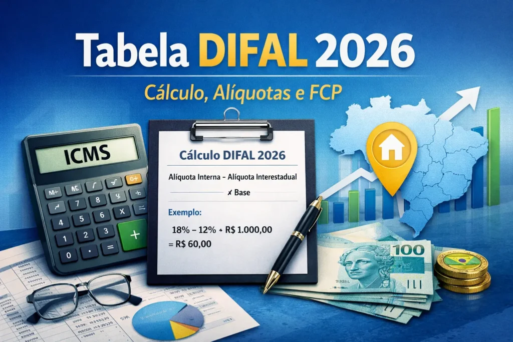 Tabela DIFAL 2026 com cálculo do ICMS de destino, alíquotas interestaduais, FCP e exemplo prático aplicado na NF-e