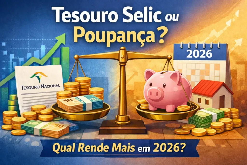 Comparação entre Tesouro Selic e poupança em 2026, com balança, moedas, cofrinho e destaque para qual investimento rende mais.