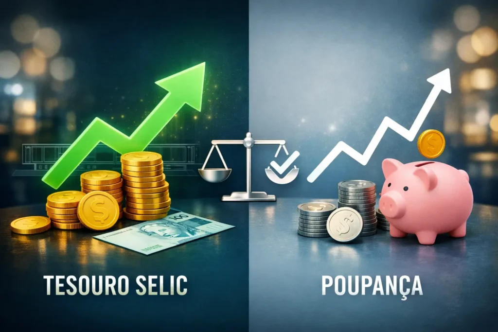 Comparação visual entre Tesouro Selic e poupança, com moedas, gráfico de alta e cofrinho, ilustrando qual rende mais.