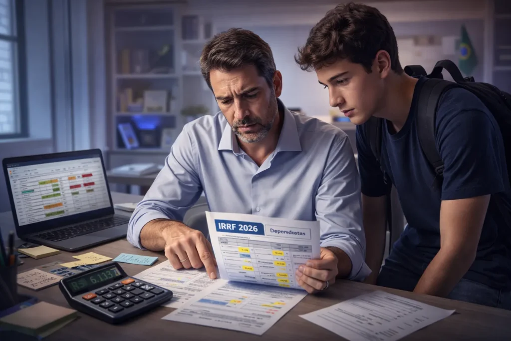 Ilustração comparativa mostrando cálculo de IRRF 2026 com e sem dependentes, destacando economia ou prejuízo mensal para contribuintes brasileiros