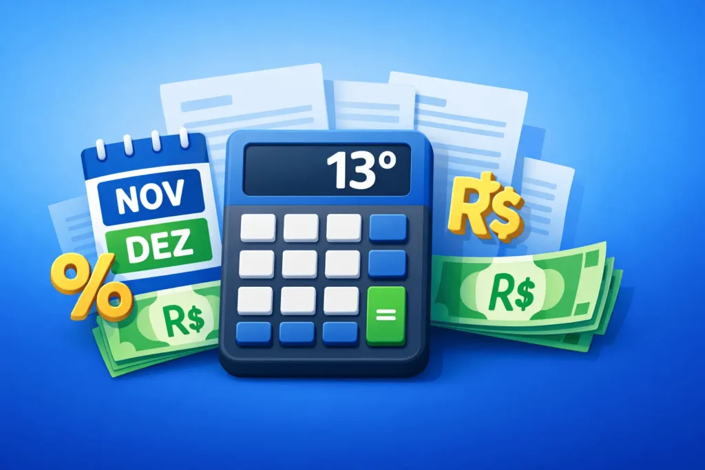 Calculadora de 13º salário 2026 com notas de real, calendário mostrando novembro e dezembro, e ícones de porcentagem representando descontos de INSS e IR