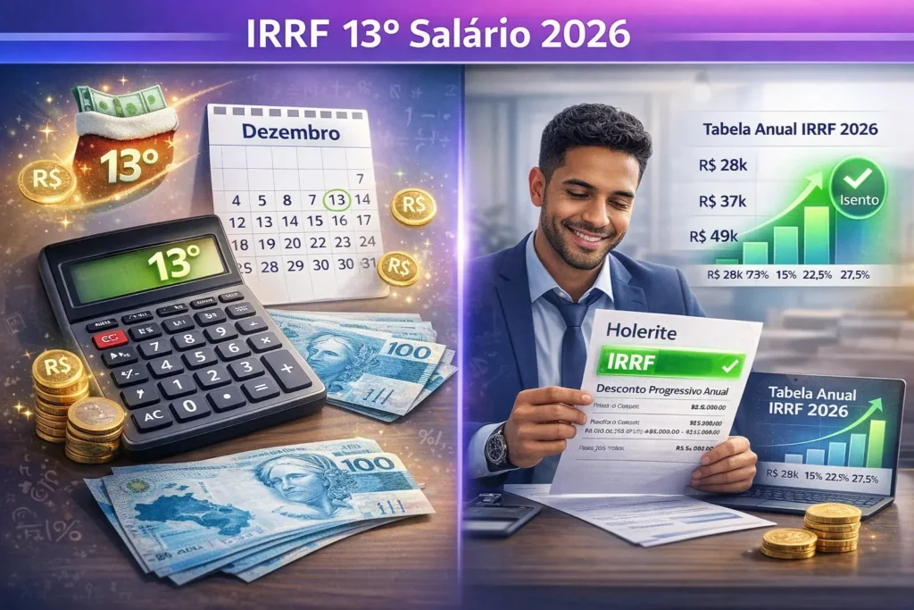 Infográfico mostrando como calcular IRRF no 13º salário e férias 2026 com tabela progressiva anual de 7,5% a 27,5%, desconto progressivo que isenta até R$ 60.000 anualizados, exemplo prático de cálculo com calendário de dezembro, calculadora e profissional conferindo contracheque