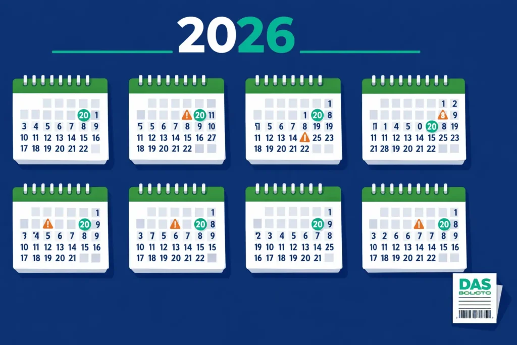 Calendário de vencimento do DAS Simples Nacional 2026 com datas destacadas do dia 20 de cada mês