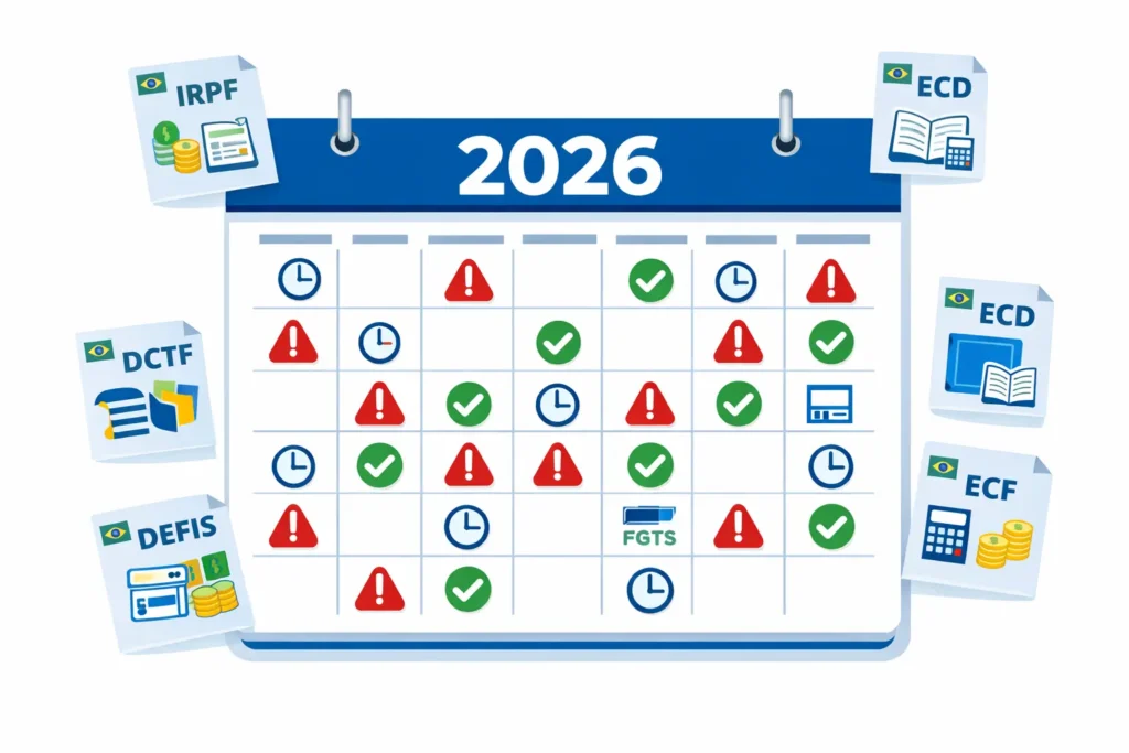 Calendário fiscal 2026 completo: todos os prazos tributários mês a mês para empresas brasileiras — DCTFWeb, ECD, ECF, DEFIS, IRPF e FGTS