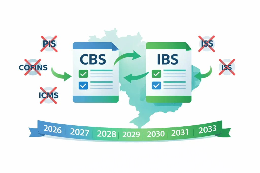 CBS e IBS 2026: reforma tributária brasileira substituindo PIS, COFINS, ICMS e ISS até 2033