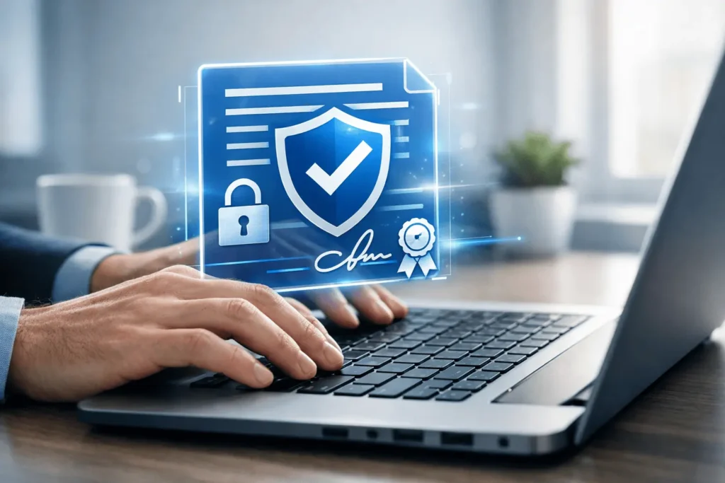 Certificado digital representado por ícone holográfico de segurança sobre teclado de notebook, ilustrando assinatura digital e autenticação eletrônica