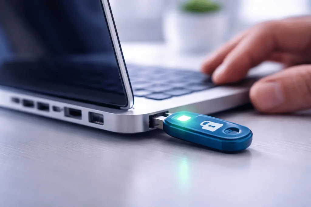 Token USB com certificado digital A3 conectado ao computador para assinatura digital de documentos e acesso a sistemas governamentais