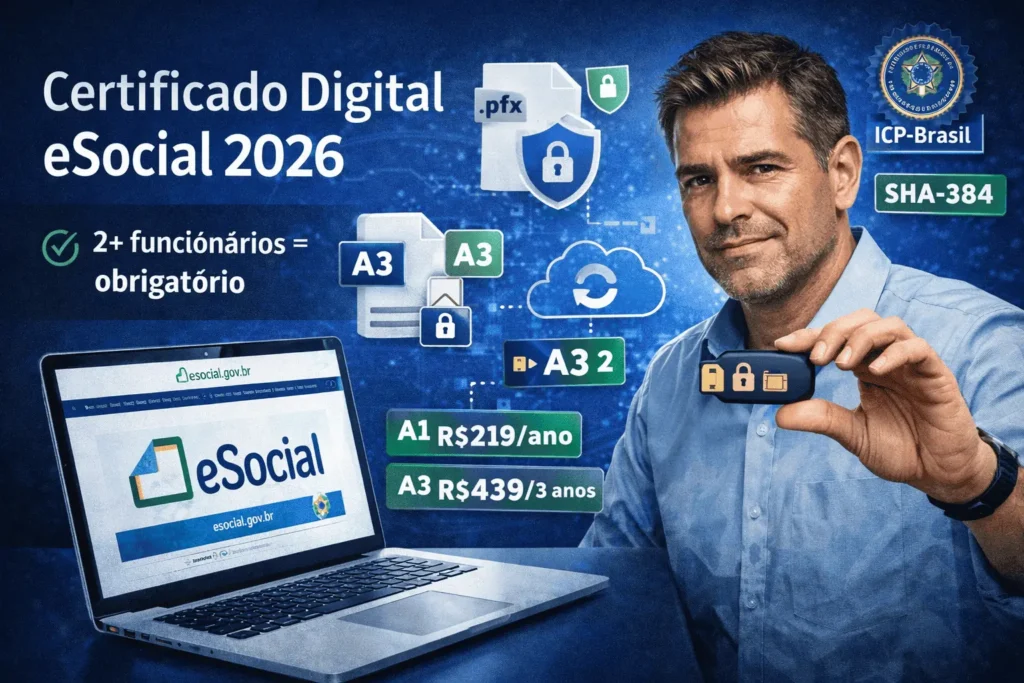 Empresário brasileiro segurando token USB de certificado digital e-CNPJ ao lado de tela do eSocial aberta, com comparação A1 vs A3, preços 2026
