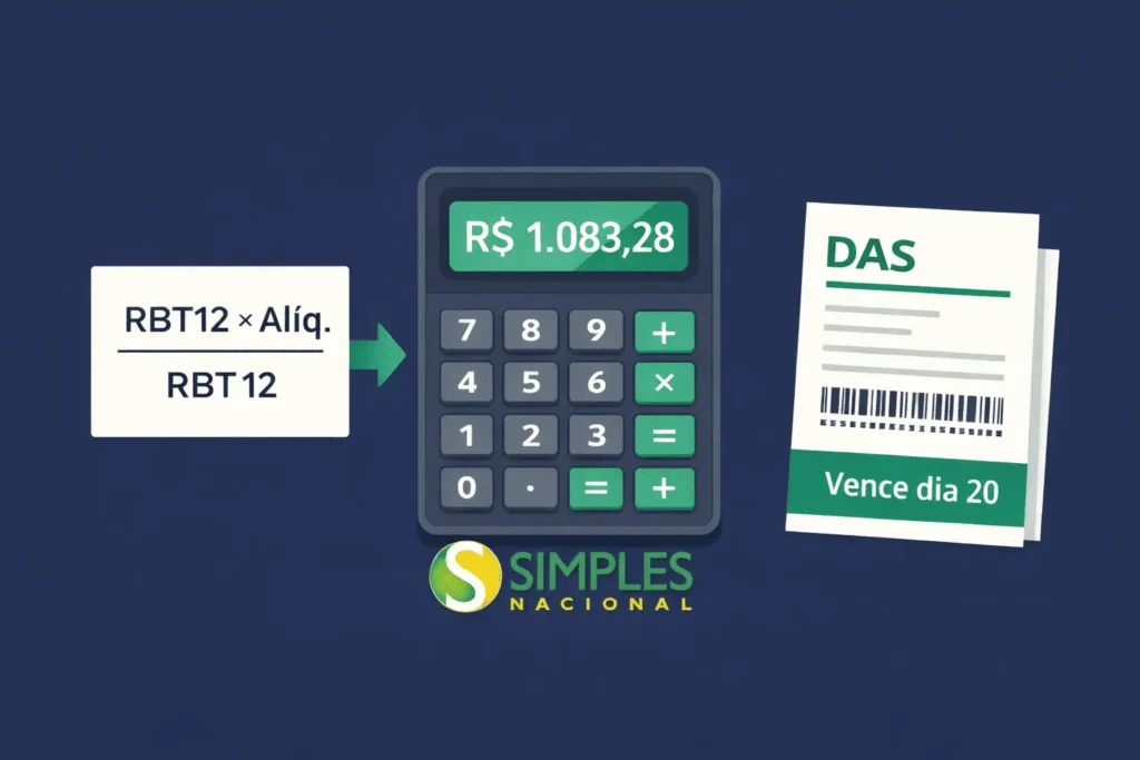 Como calcular o DAS do Simples Nacional 2026: fórmula de alíquota efetiva com calculadora e boleto de pagamento