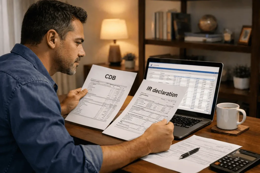 Pessoa comparando extrato de CDB com declaração do IRPF 2026 no computador