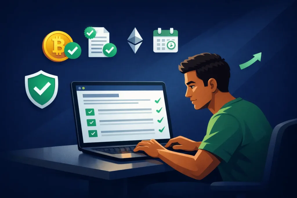 Pessoa declarando criptomoedas no Imposto de Renda no computador com Bitcoin e documento fiscal aprovado