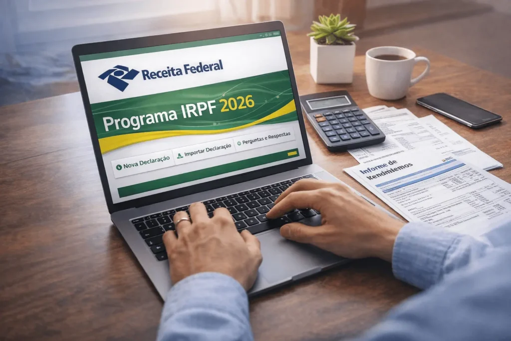 Pessoa declarando Imposto de Renda 2026 no laptop com programa IRPF da Receita Federal, documentos fiscais organizados, calculadora e informe de rendimentos sobre mesa de escritório